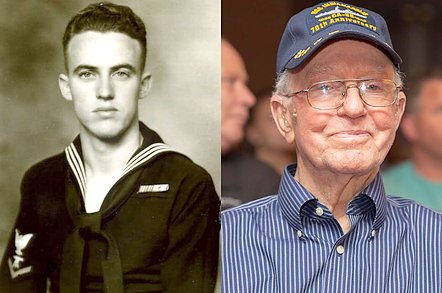 Cleatus A. Lebow pictured next to his photo as a young sailor.